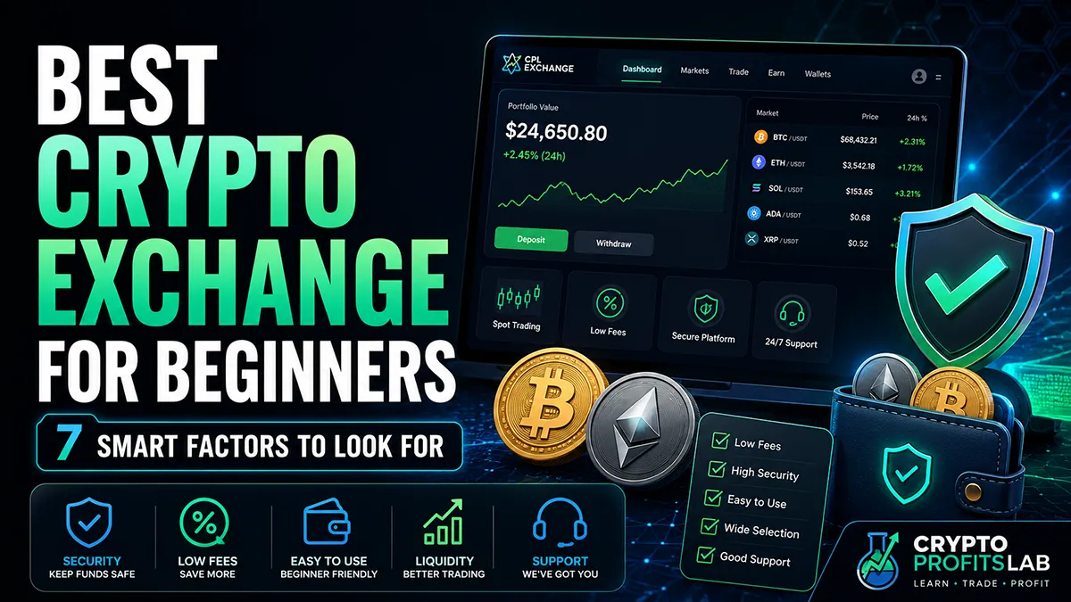 Best crypto exchange for beginners guide showing security, fees, wallets, coins, and easy buying features