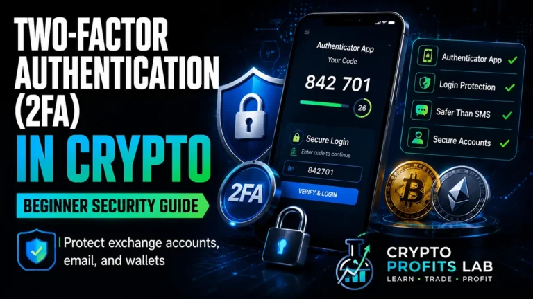 Crypto 2FA beginner guide showing two-factor authentication, authenticator app codes, account security, and crypto login protection