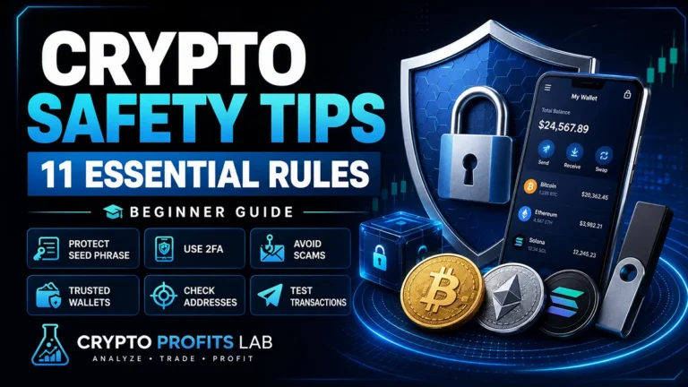 Crypto safety tips for beginners guide showing wallet protection, 2FA security, seed phrase safety, scam prevention, and secure crypto storage