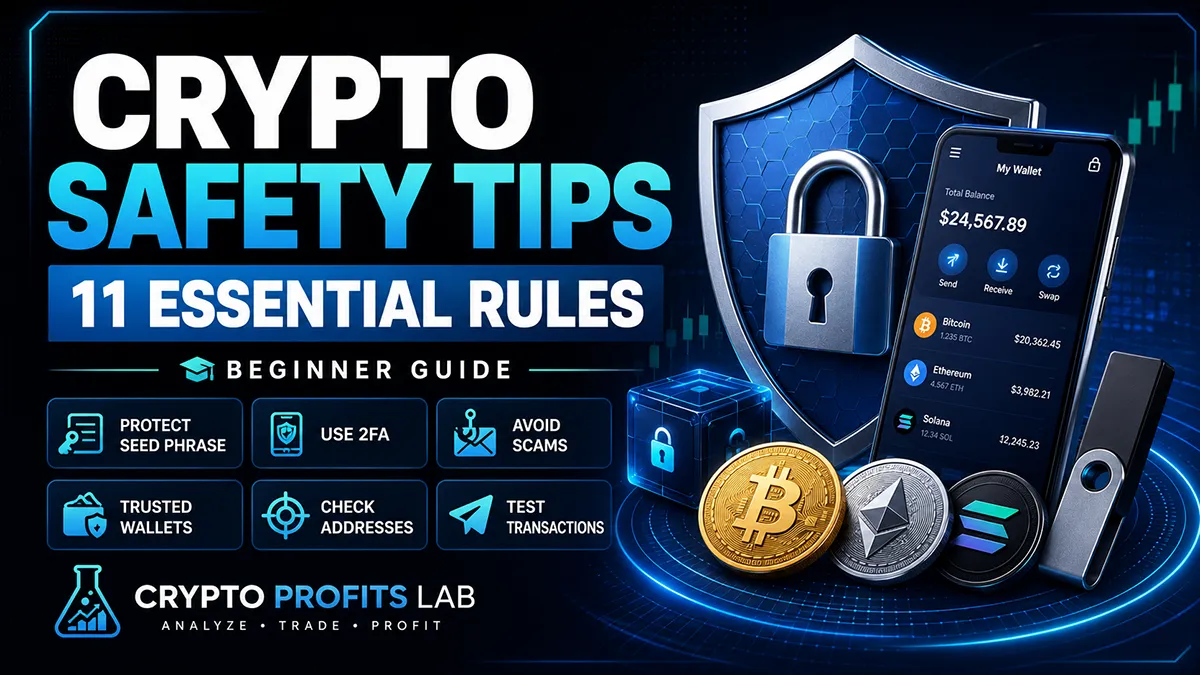 Crypto safety tips for beginners guide showing wallet protection, 2FA security, seed phrase safety, scam prevention, and secure crypto storage