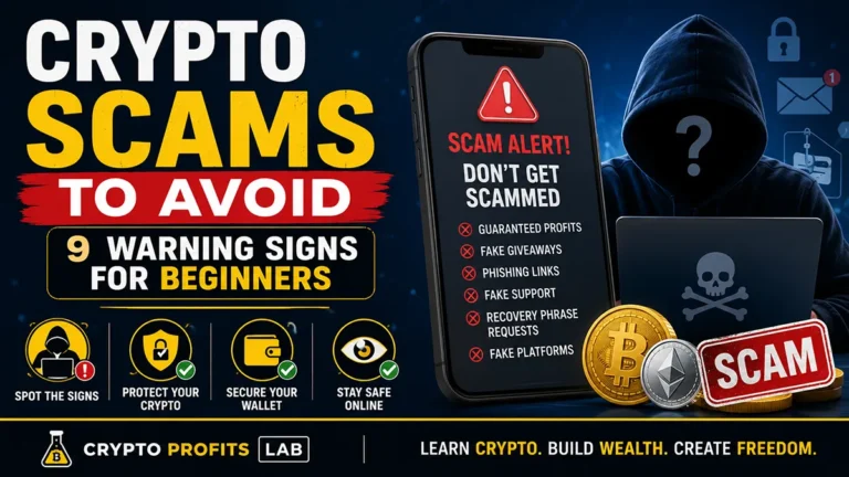 Crypto scams to avoid beginner guide showing phishing, fake exchanges, wallet scams, and crypto security warning signs