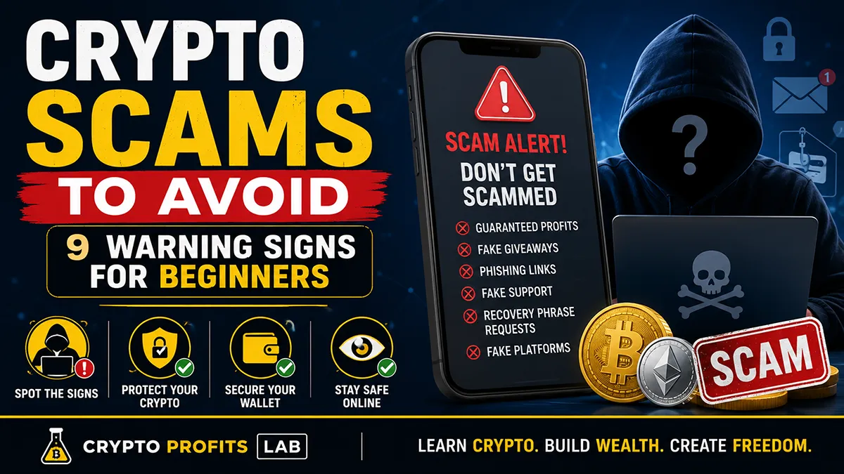 Crypto scams to avoid beginner guide showing phishing, fake exchanges, wallet scams, and crypto security warning signs