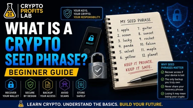 Crypto seed phrase beginner guide showing recovery phrase backup, wallet security, and private key protection