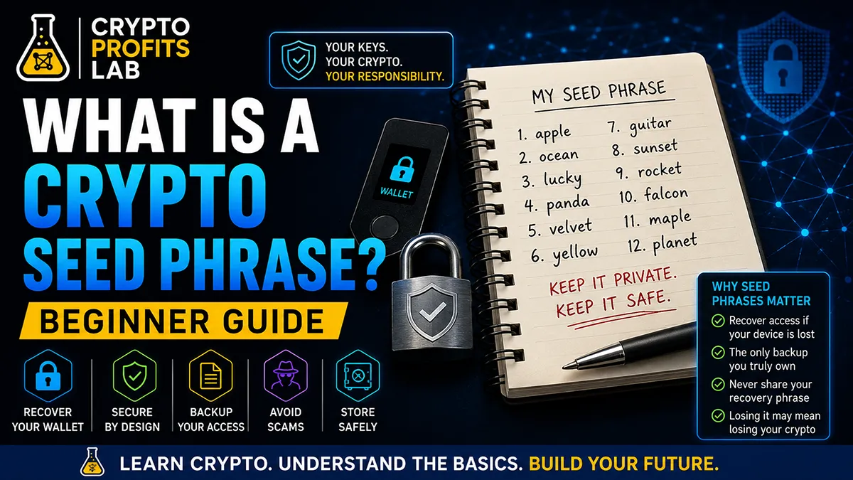 Crypto seed phrase beginner guide showing recovery phrase backup, wallet security, and private key protection