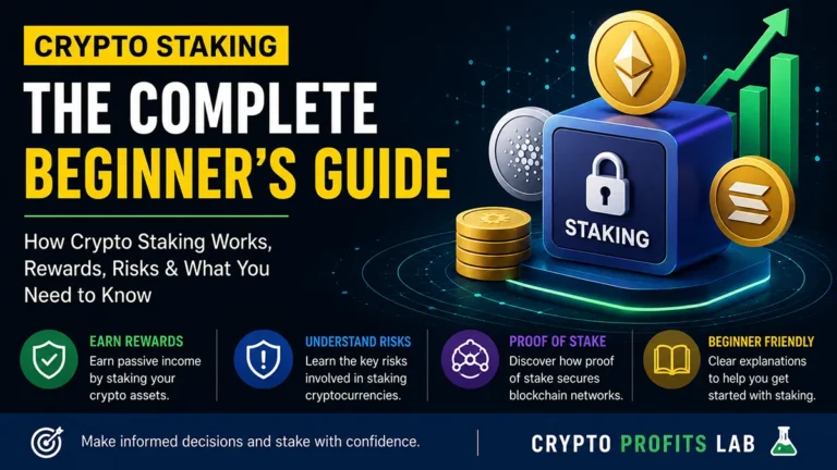 Crypto staking beginner guide showing locked coins, rewards, validators, and proof-of-stake security