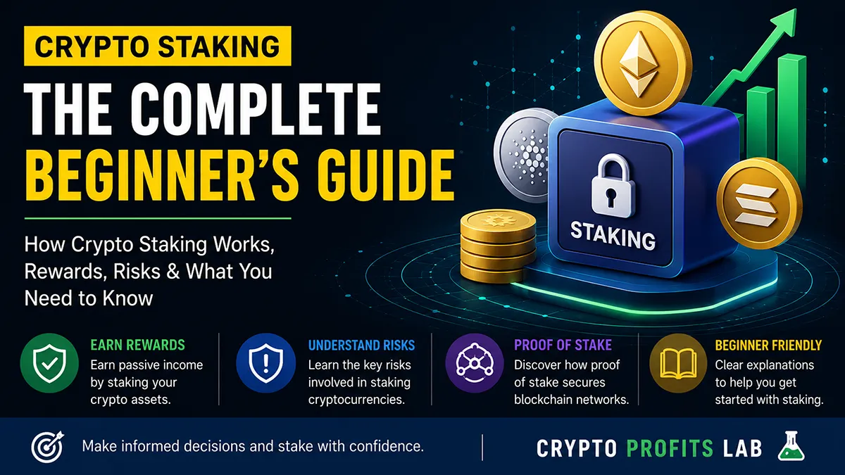 Crypto staking beginner guide showing locked coins, rewards, validators, and proof-of-stake security