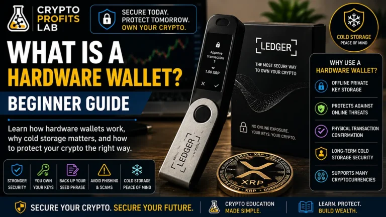 Hardware wallet beginner guide showing cold storage, private key protection, seed phrase backup, and crypto security