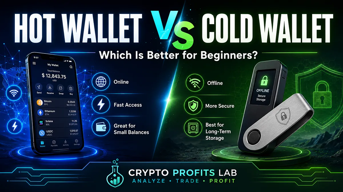 Hot wallet vs cold wallet beginner guide showing mobile wallet, hardware wallet, crypto storage, seed phrase security, and wallet protection