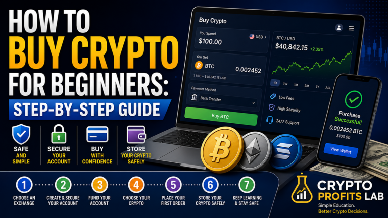 How to buy crypto for beginners step-by-step guide with exchange, wallet, security, and buying process icons