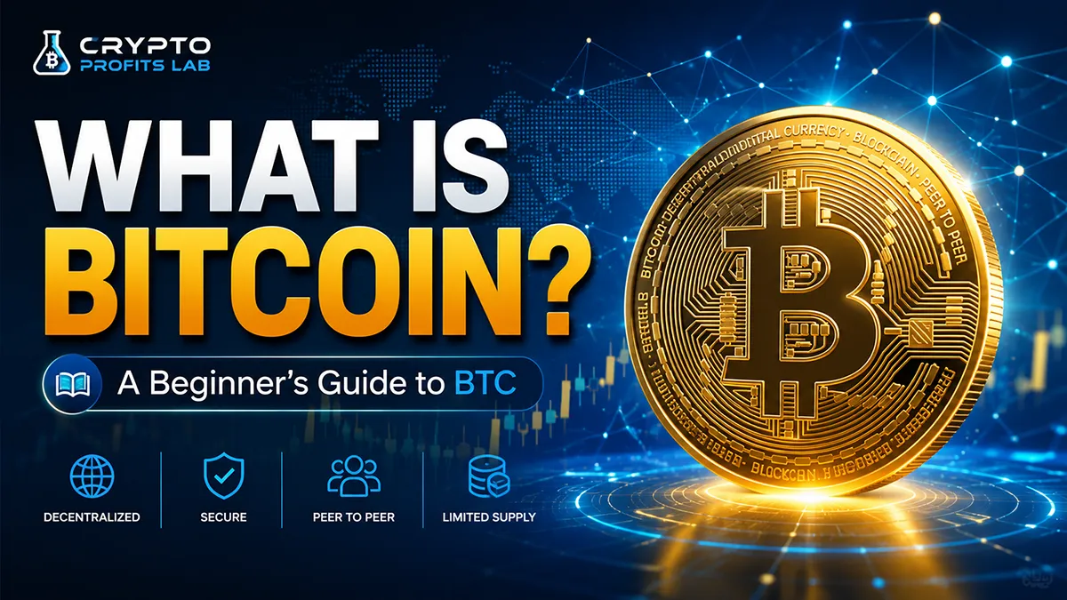 What is Bitcoin beginner guide showing Bitcoin coin, blockchain network, digital money, mining, and crypto wallet basics