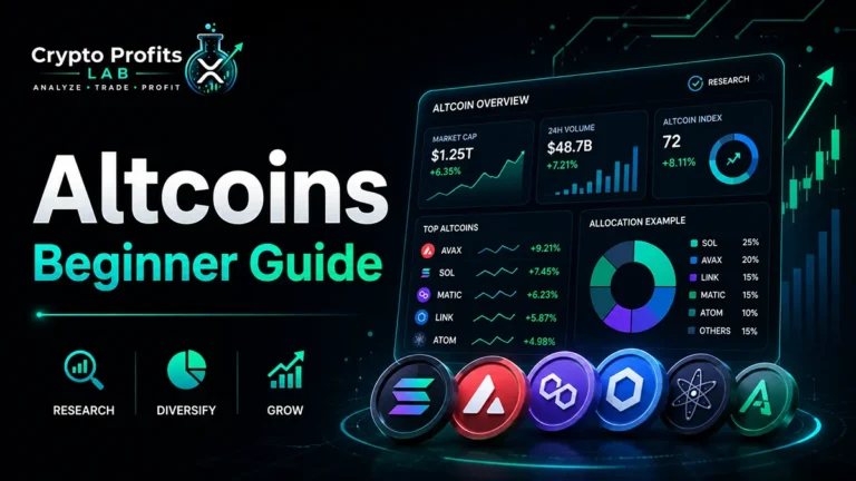 Altcoins beginner guide illustration showing an altcoin overview dashboard, crypto tokens, research icons, diversification chart, and growth graph