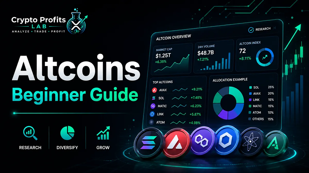 Altcoins beginner guide illustration showing an altcoin overview dashboard, crypto tokens, research icons, diversification chart, and growth graph