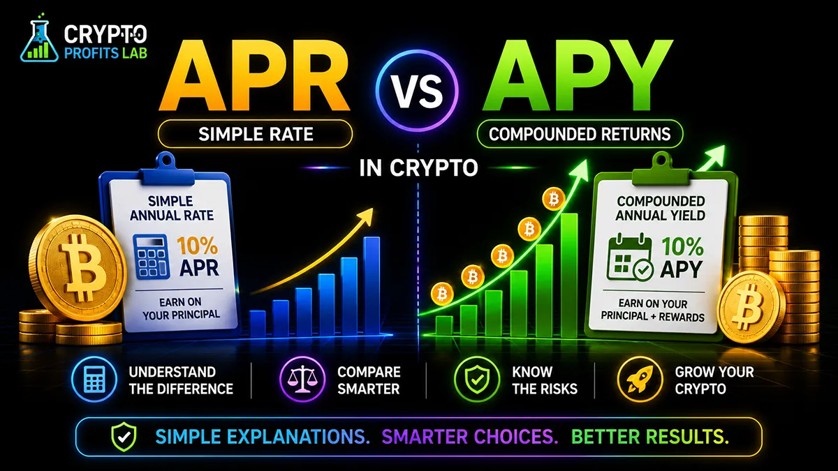 APR vs APY in Crypto featured image showing simple rate versus compounded returns with Bitcoin coins, growth charts, and beginner comparison icons.