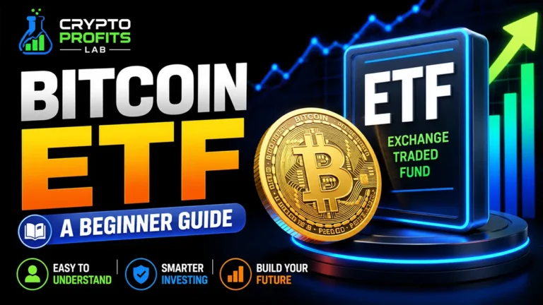 Colorful Bitcoin ETF featured image showing a Bitcoin coin, ETF chart, and beginner investing icons on a black background.