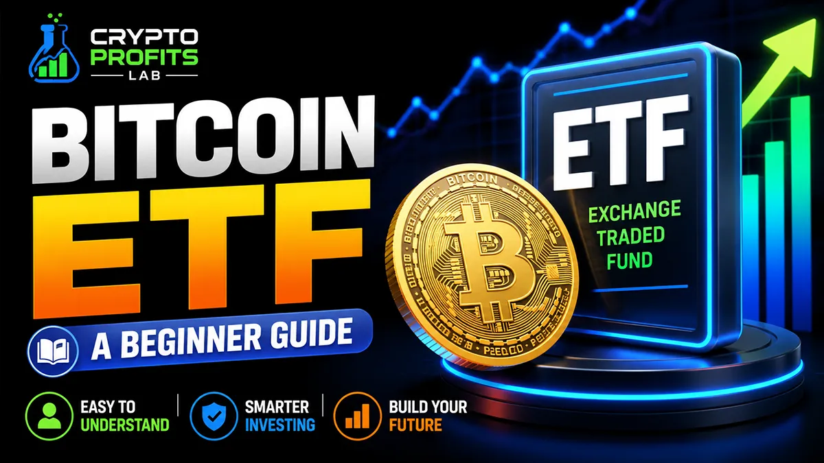 Colorful Bitcoin ETF featured image showing a Bitcoin coin, ETF chart, and beginner investing icons on a black background.