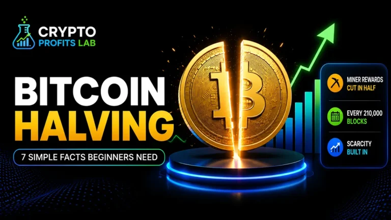 Bitcoin halving featured image showing a split Bitcoin coin, rising chart, and beginner-friendly points about miner rewards and scarcity.