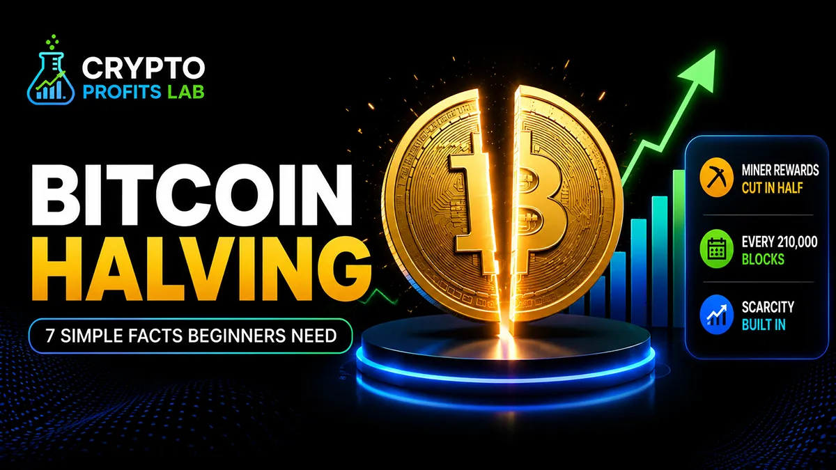 Bitcoin halving featured image showing a split Bitcoin coin, rising chart, and beginner-friendly points about miner rewards and scarcity.