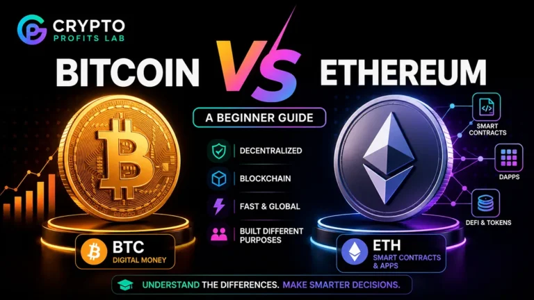 Colorful Bitcoin vs Ethereum featured image comparing Bitcoin as digital money and Ethereum as smart contracts and apps on a black background.
