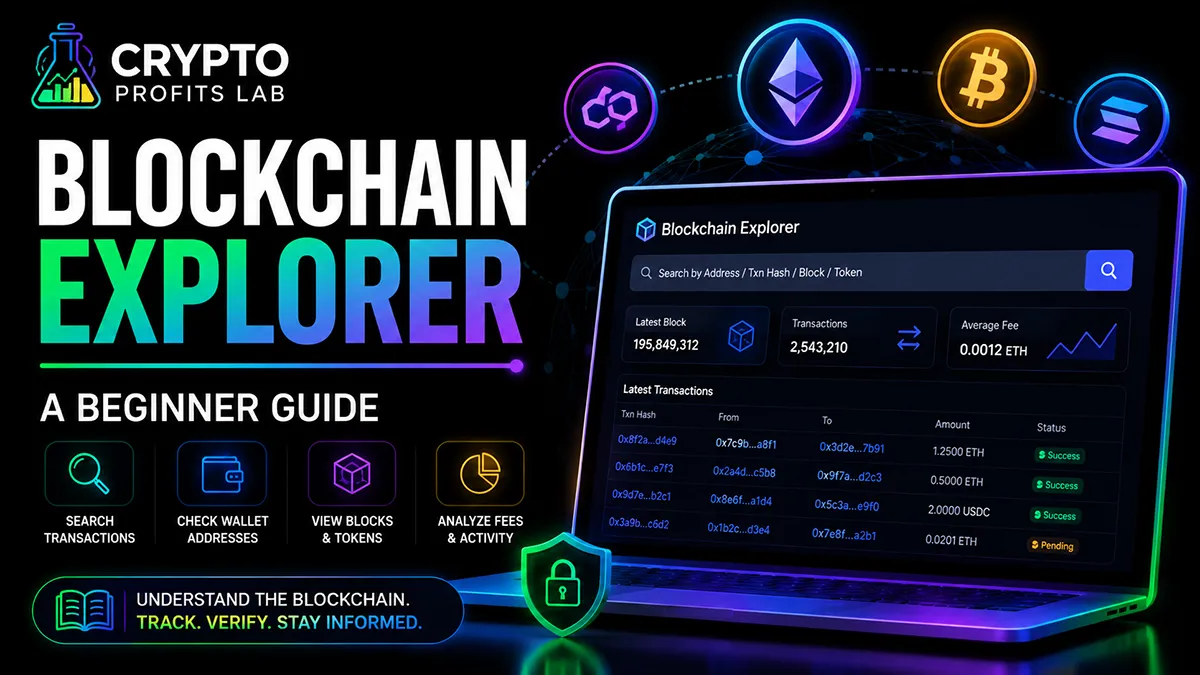Blockchain Explorer beginner guide featured image showing a crypto transaction search dashboard, wallet address tools, blockchain icons, and security visuals on a black background.