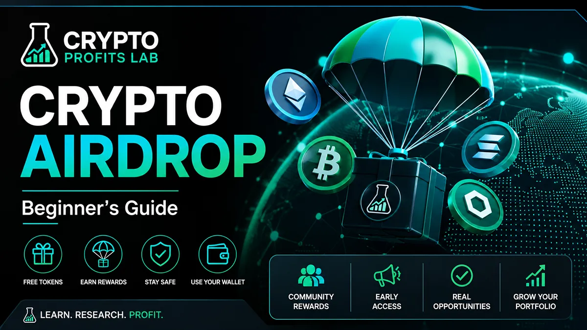 Crypto airdrop beginner guide illustration showing tokens delivered by parachute, wallet protection icons, and crypto rewards
