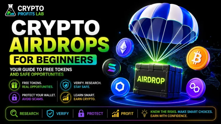 Crypto Airdrops for Beginners featured image showing a parachute dropping an airdrop crate with Bitcoin, Ethereum, Solana, Chainlink, and Polygon-style crypto icons plus wallet safety reminders.