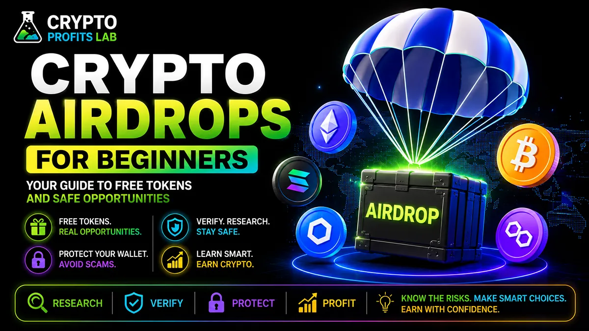 Crypto Airdrops for Beginners featured image showing a parachute dropping an airdrop crate with Bitcoin, Ethereum, Solana, Chainlink, and Polygon-style crypto icons plus wallet safety reminders.