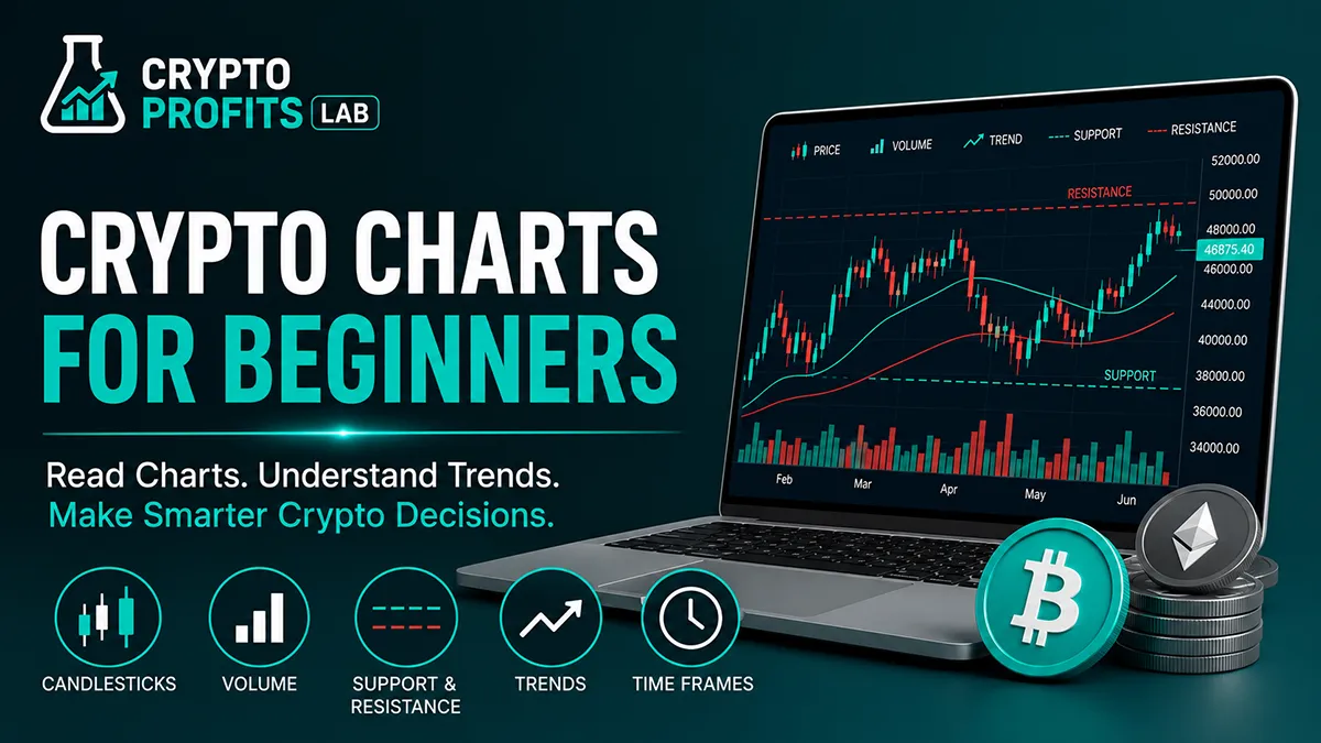 Crypto charts for beginners guide with candlestick chart, volume bars, support, resistance, and trend indicators