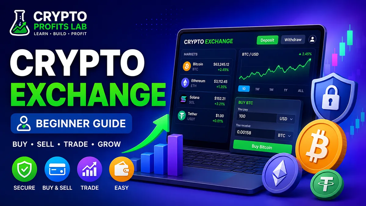 Colorful beginner-friendly crypto exchange illustration showing a trading dashboard, buy and sell buttons, crypto coins, and security icons