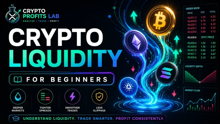 Crypto liquidity beginner guide illustration showing Bitcoin, Ethereum, Solana, order book panels, liquidity depth chart, and market flow