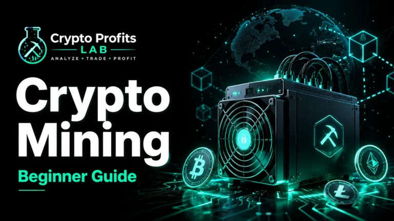 Crypto mining beginner guide illustration with mining rig, digital coins, and blockchain network