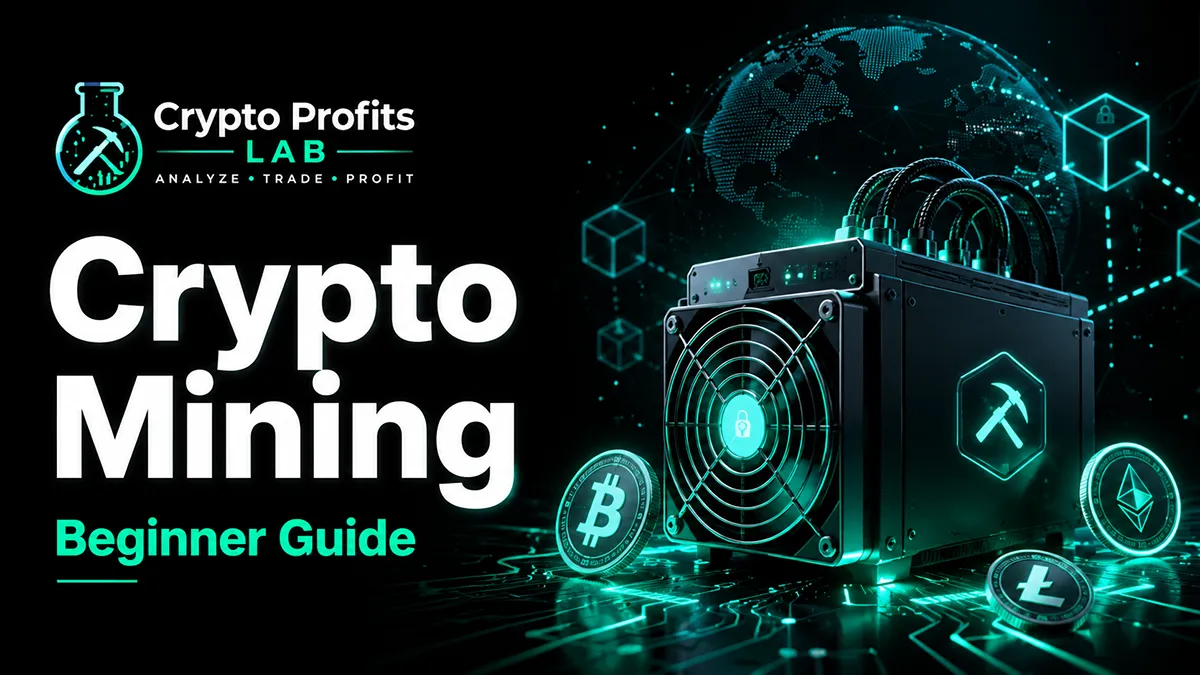Crypto mining beginner guide illustration with mining rig, digital coins, and blockchain network