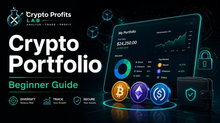 Crypto portfolio beginner guide illustration showing a portfolio dashboard, crypto coins, allocation chart, secure wallet, and performance graph