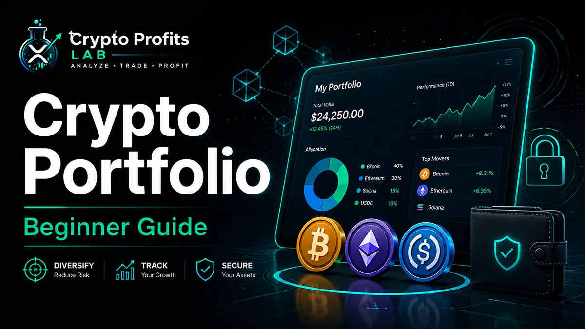 Crypto portfolio beginner guide illustration showing a portfolio dashboard, crypto coins, allocation chart, secure wallet, and performance graph