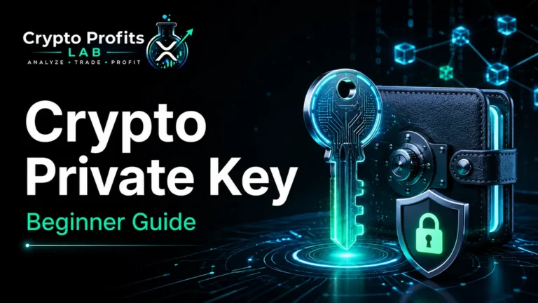 Crypto private key beginner guide illustration with digital key, secure wallet, lock shield, and blockchain network
