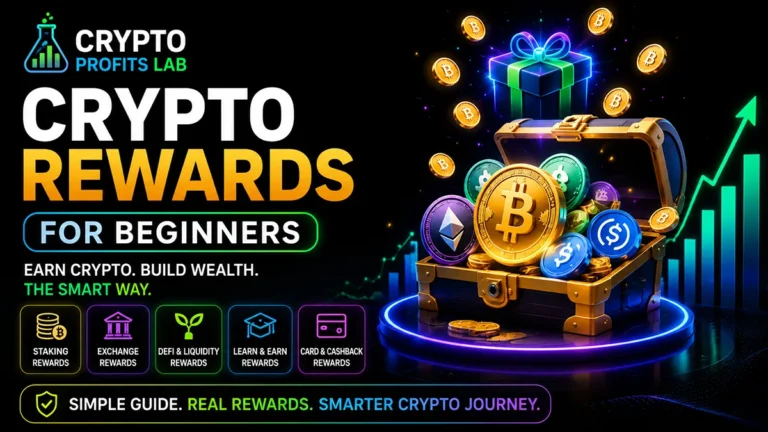Crypto rewards for beginners featured image showing a treasure chest with Bitcoin, Ethereum, stablecoin icons, staking rewards, exchange rewards, DeFi rewards, learn and earn rewards, and card rewards.