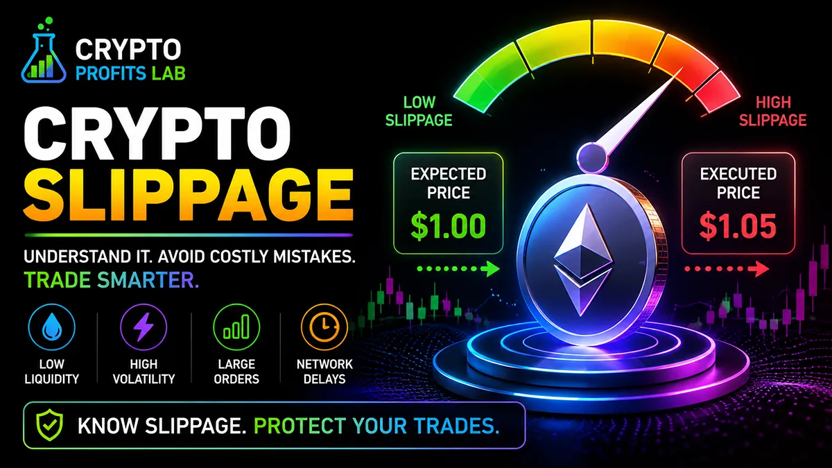 Crypto slippage featured image showing a low-to-high slippage meter, expected price versus executed price, and key trading risk factors.