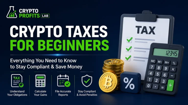 Crypto taxes for beginners guide with calculator, tax checklist, Bitcoin coins, and reporting icons