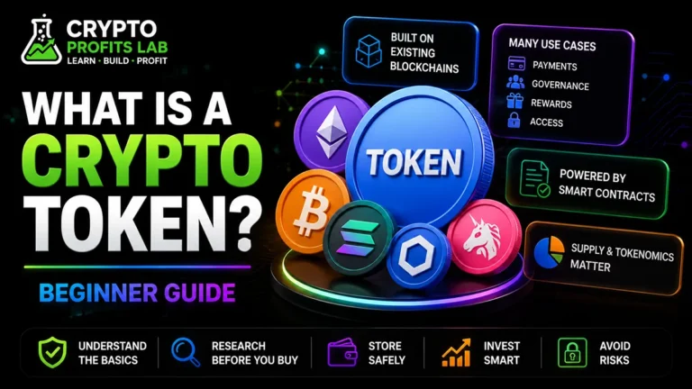 Colorful beginner-friendly crypto token illustration showing digital tokens, blockchain panels, smart contract icons, and tokenomics concepts