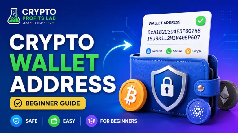 Colorful beginner-friendly crypto wallet address illustration showing a secure wallet, address card, and cryptocurrency icons