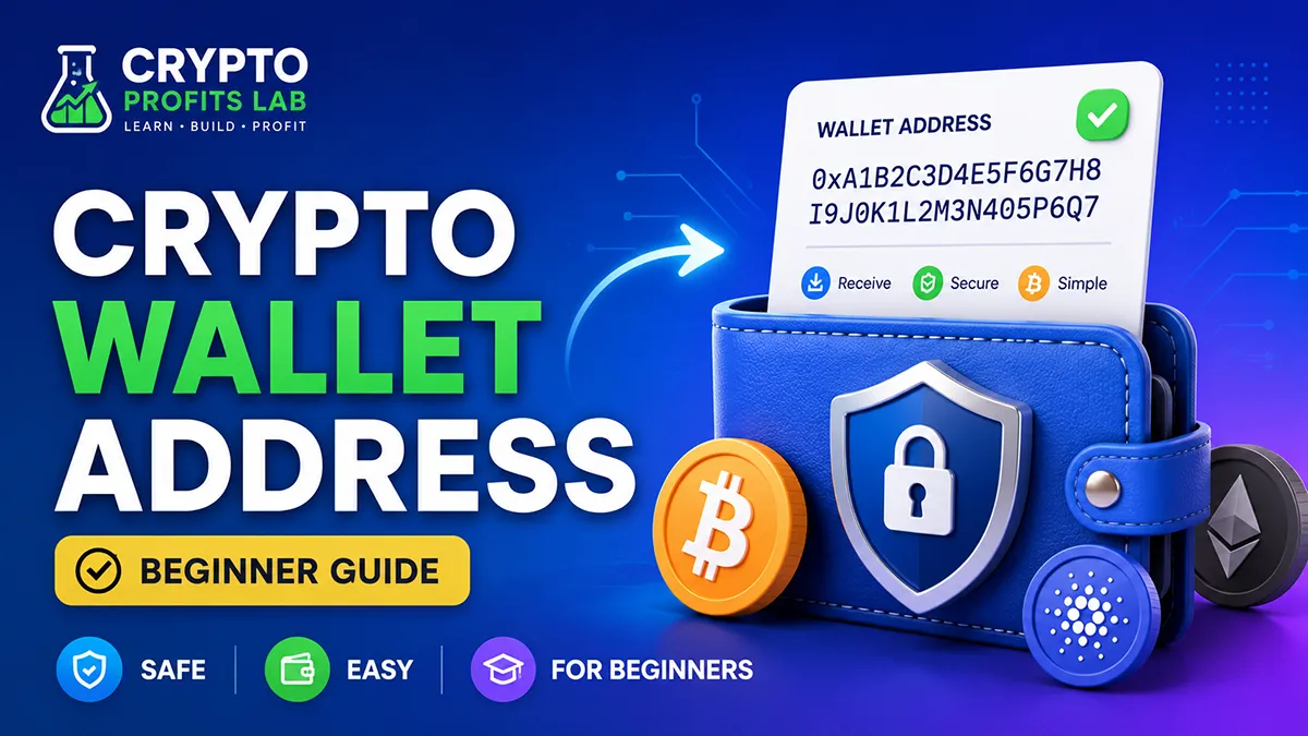 Colorful beginner-friendly crypto wallet address illustration showing a secure wallet, address card, and cryptocurrency icons