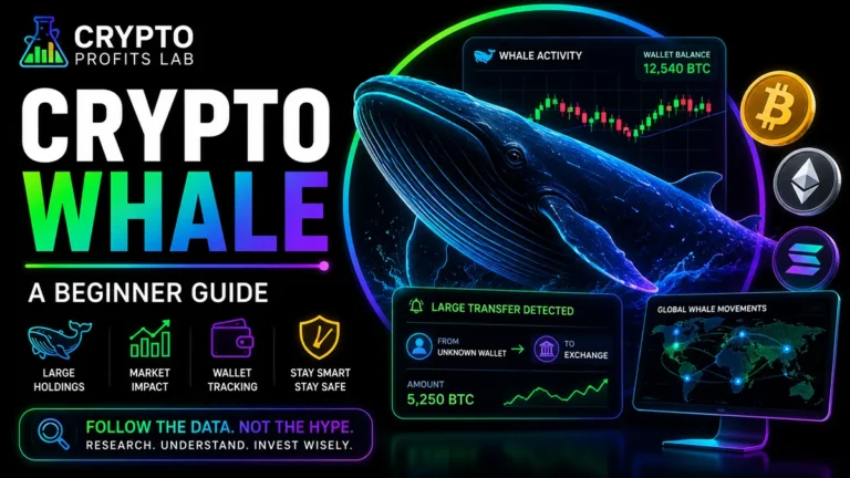 Crypto Whale beginner guide featured image showing a glowing whale, large wallet transfer alert, market chart, wallet tracking icons, and crypto safety visuals on a black background.