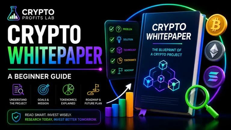 Crypto Whitepaper beginner guide featured image showing a project document, tokenomics checklist, roadmap icons, crypto symbols, and research visuals on a black background.