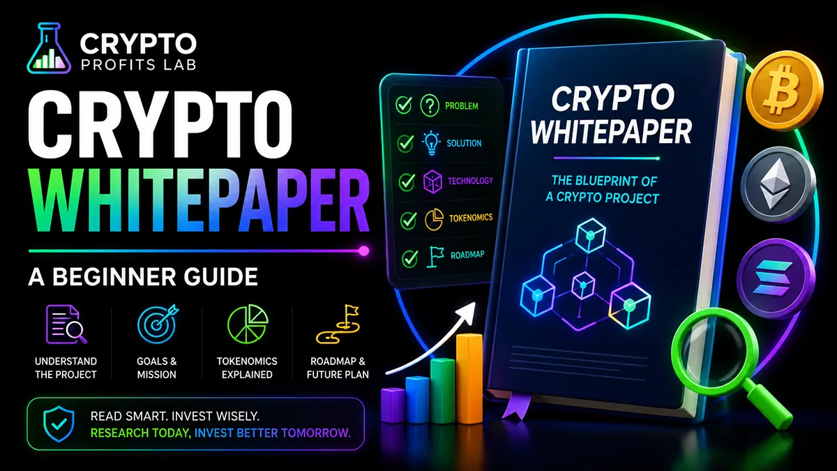 Crypto Whitepaper beginner guide featured image showing a project document, tokenomics checklist, roadmap icons, crypto symbols, and research visuals on a black background.