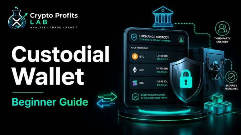 Custodial wallet beginner guide illustration showing exchange custody, secure portfolio dashboard, lock shield, and crypto assets