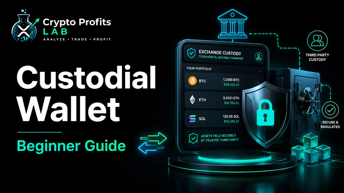Custodial wallet beginner guide illustration showing exchange custody, secure portfolio dashboard, lock shield, and crypto assets