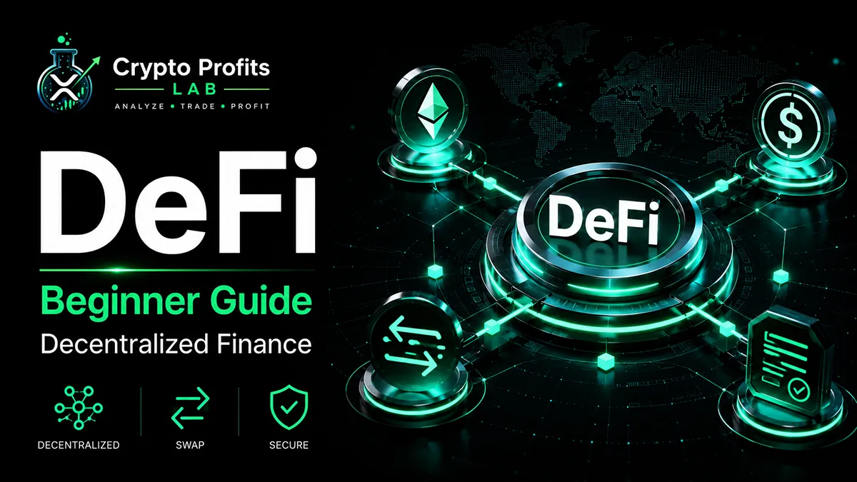 DeFi beginner guide illustration with connected blockchain nodes, swap arrows, and security icons