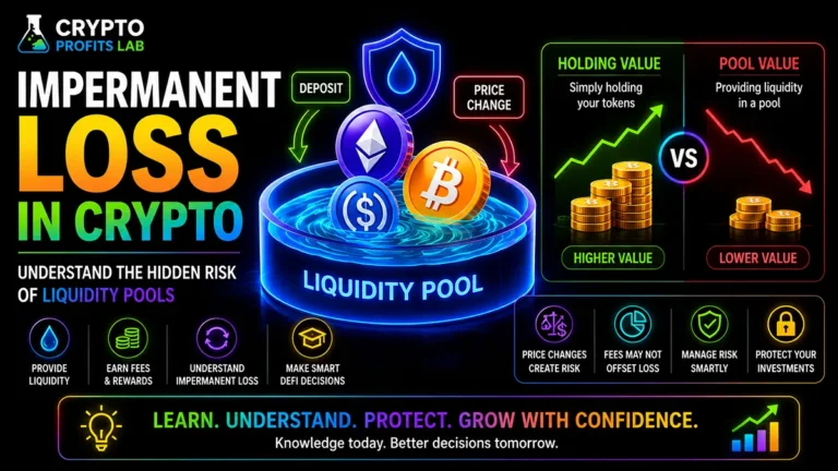Impermanent Loss in Crypto featured image showing a liquidity pool with Bitcoin, Ethereum, and stablecoin icons, plus holding value versus pool value comparison.