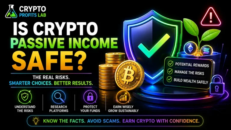 Is Crypto Passive Income Safe? image showing Bitcoin coins, a protective shield, risk warning icon, lock symbol, and beginner safety reminders about earning crypto rewards.