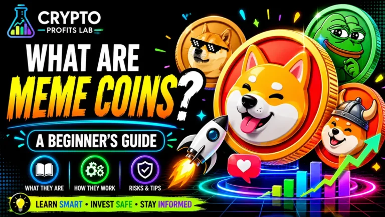 What Are Meme Coins beginner guide featured image with colorful meme coin graphics, crypto icons, and safety visuals on a black background.