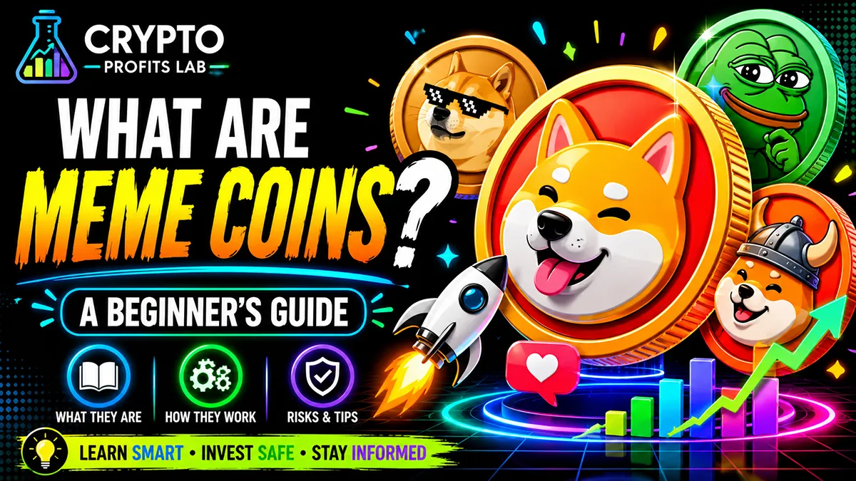 What Are Meme Coins beginner guide featured image with colorful meme coin graphics, crypto icons, and safety visuals on a black background.